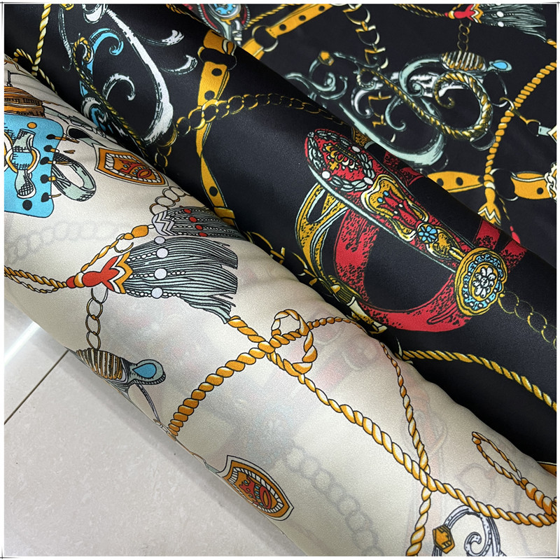 19mm Stretch Silk Satin Fabric with Luxury Brand Hermes Chain Print Digital Printing Mulberry Silk Satin Material