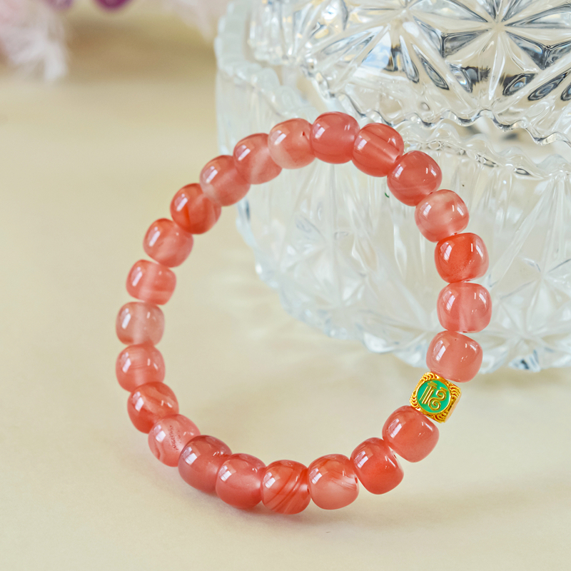 "Wei Jia" Condensation of Rouge Baoshan Rare Raw Mineral Southern Red Agate 9mm Vintage-Style Bracelet with 18K Gold Accessories.