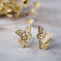 Wei Jia double-flying exclusive design hollow butterfly inlaid diamond 18K gold pure gold earrings