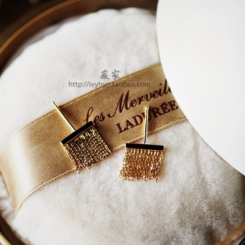 "Wei Jia" bead curtain exclusive craft plain 18K gold pure gold temperament short tassel ear needle