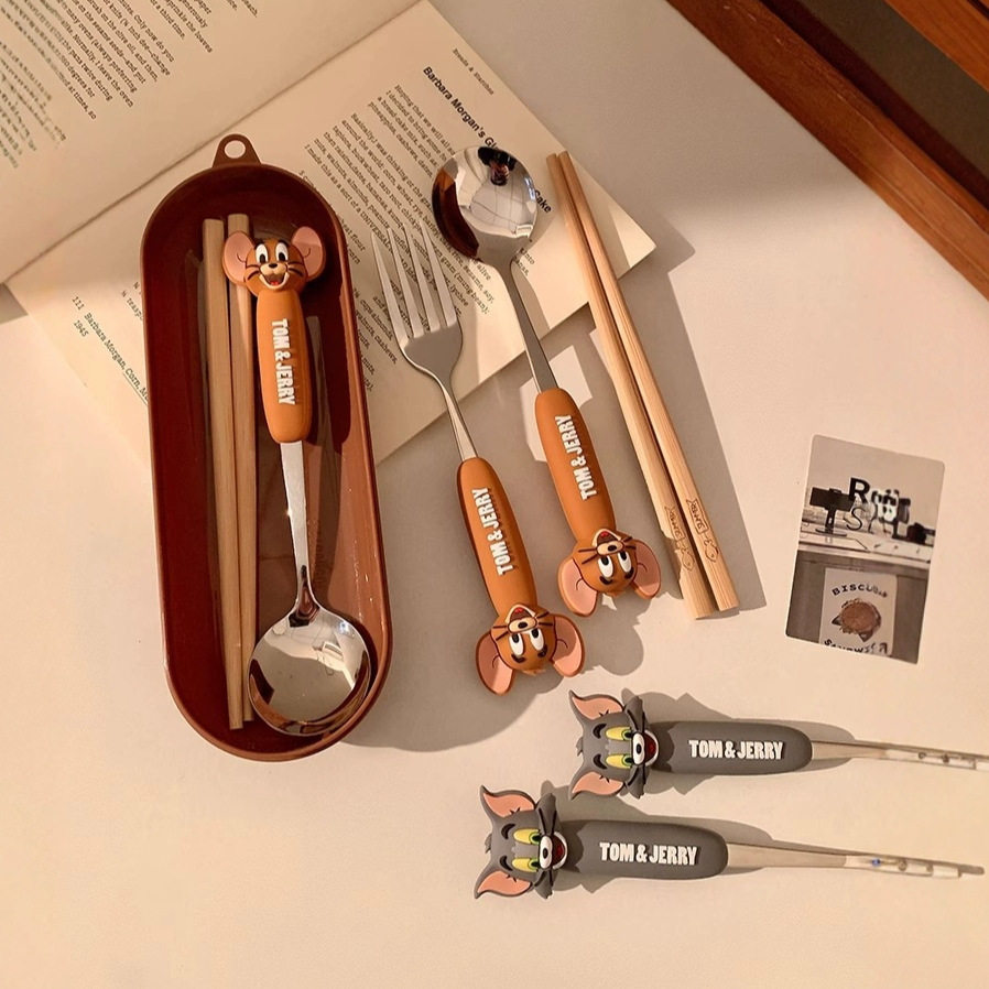 Tom and Jerry Spoon and Fork Co-Branded Tableware 304 Stainless Steel Food-Grade Spoon, Fork, and Chopstick Set for Children