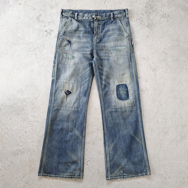 Wirote Red Soul Custom Woven and Dyed Extra Dark Blue High-Density Vintage Fabric Patch A-Line Workwear Jeans 11.5oz