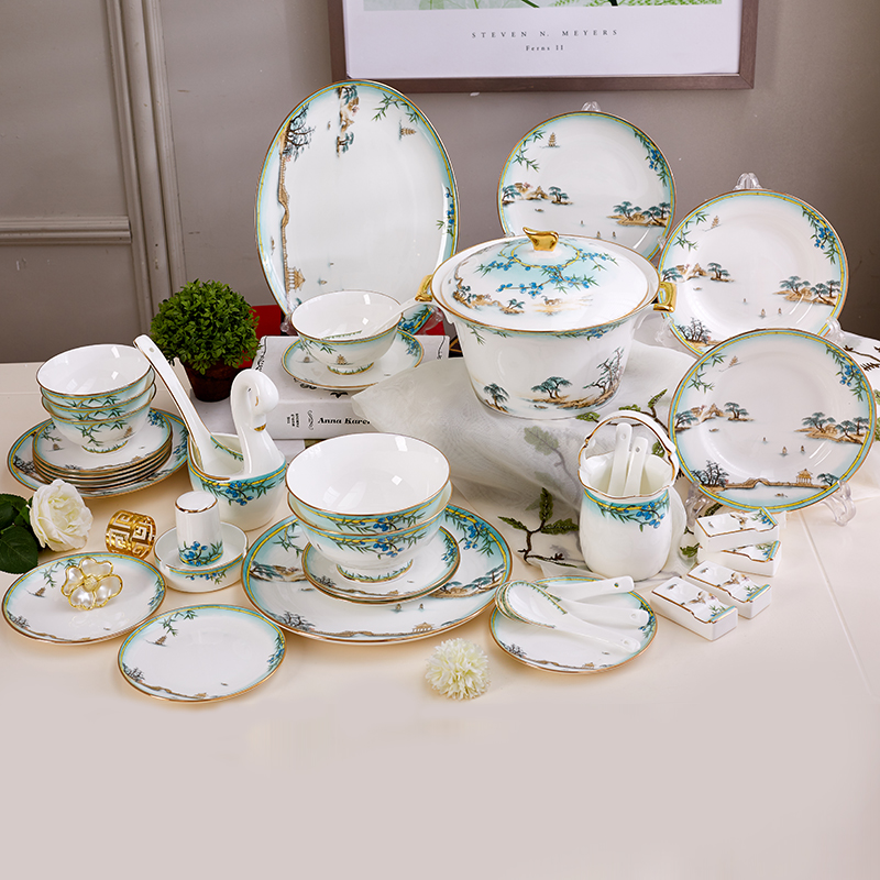 Jingdezhen porcelain high-end luxury bone china bowl inlaid gold bowl dish New Chinese tableware set housewarming gift