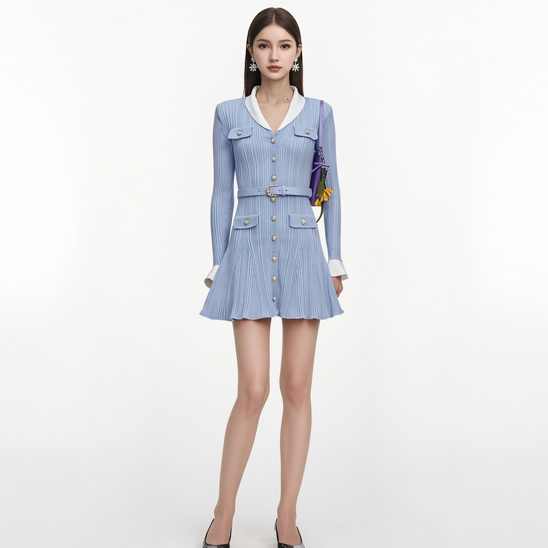 Early Autumn New Product Mao Xiaohui Style Lapel Green Fruit Collar Color-Blocked Knitted Long-Sleeve Dress for Women, Slimming Dress Early Autumn New Product Mao Xiaohui Style Lapel Green Fruit Collar Color-Blocked Knitted Long-Sleeve Dress for Women, Slimming Dress