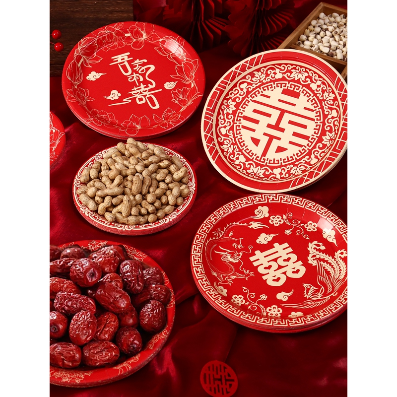 Wedding Disposable Plates, Engagement Red Paper Plates, Candy and Dried Fruit Plates, Wedding Paper Plates, Wedding Table Decorations, Banquet Display