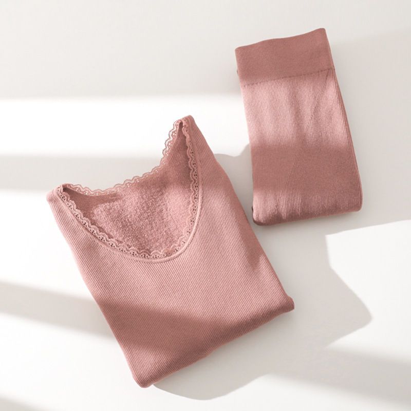Terry Fleece Thermal Underwear for Women, Seamless Body-Shaping, Looped Round Neck Base Layer, Slim-Fit Autumn and Winter Set, Thickened for Autumn and Winter