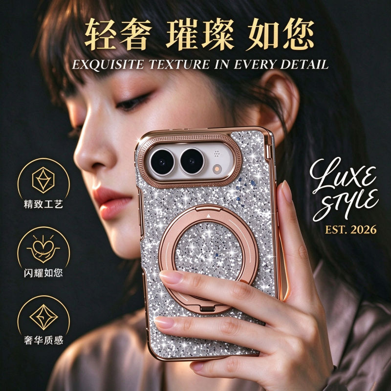 Luxurious and High-End Sparkling Diamond Case for iPhone Duo with Dual-Axis Full Protection, 360-Degree Rotating Ring Stand, High-End Shell for Women, Trendy Diamond Design