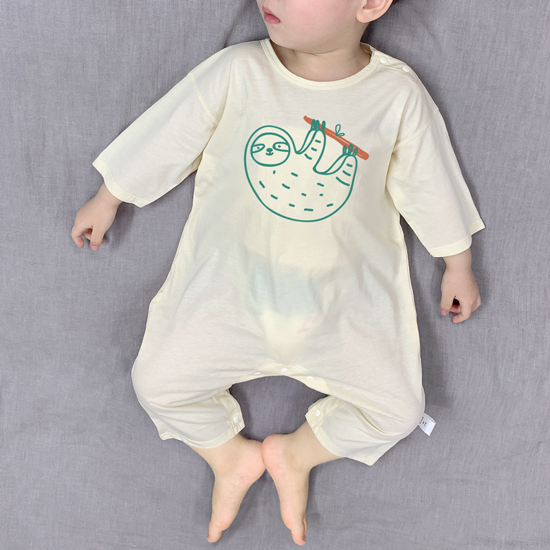 Baby Pajamas One-Piece Summer Short-Sleeved Thin Ice Silk Belly-Protecting Loungewear Loose Air-Conditioned Clothing for 1-3 Year Old Babies