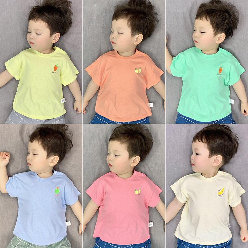 Baby Short Sleeve T-Shirt Pure Cotton Korean Version Candy Color Card Love Printed Male And Female Children Half Sleeve Blouse Baby Summer Clothing