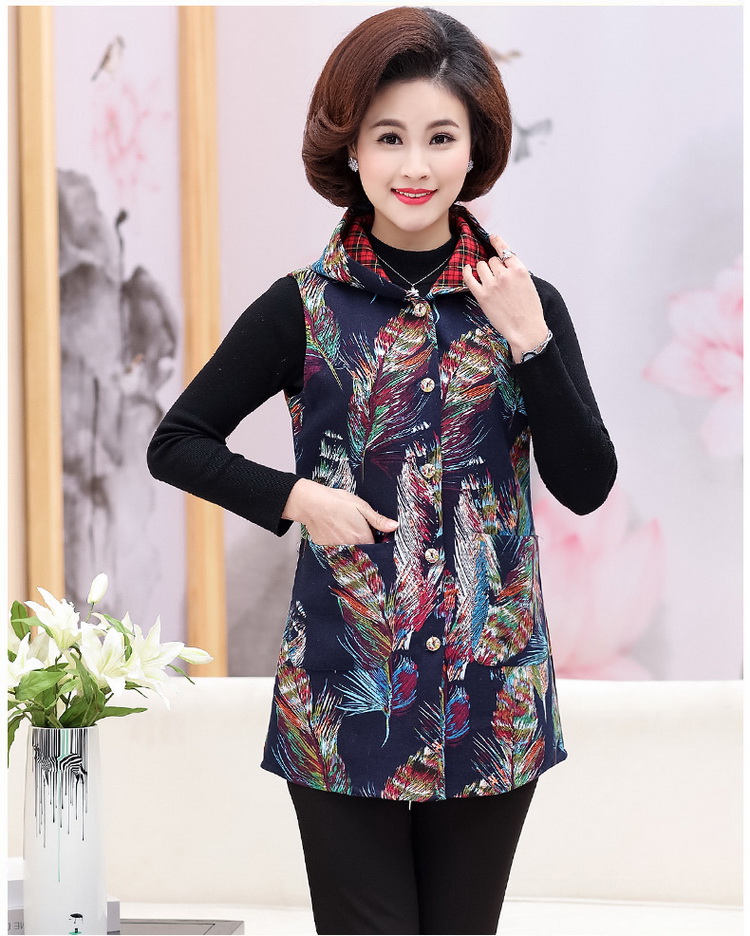 Phụ nữ trung niên mùa xuân và mùa thu mỏng vest trong phần dài của mẹ tải vest kích thước lớn áo vest hoa là áo khoác mỏng áo kiểu trung niên hàn quốc