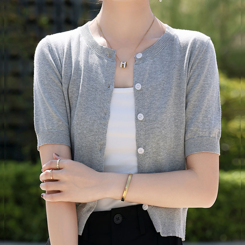 Pure Cotton Knitted Cardigan for Women, Summer Style, Three-Quarter Sleeves, Round Neck, Small Shawl, Paired with a Slip Dress, Short Outerwear