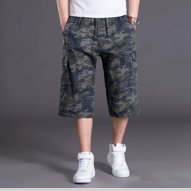 Mùa hè ngụy trang quần cắt quần nam trung niên cotton bãi biển kích thước lớn quần short thể thao lỏng quần dụng cụ quần mỏng quần áo thể thao