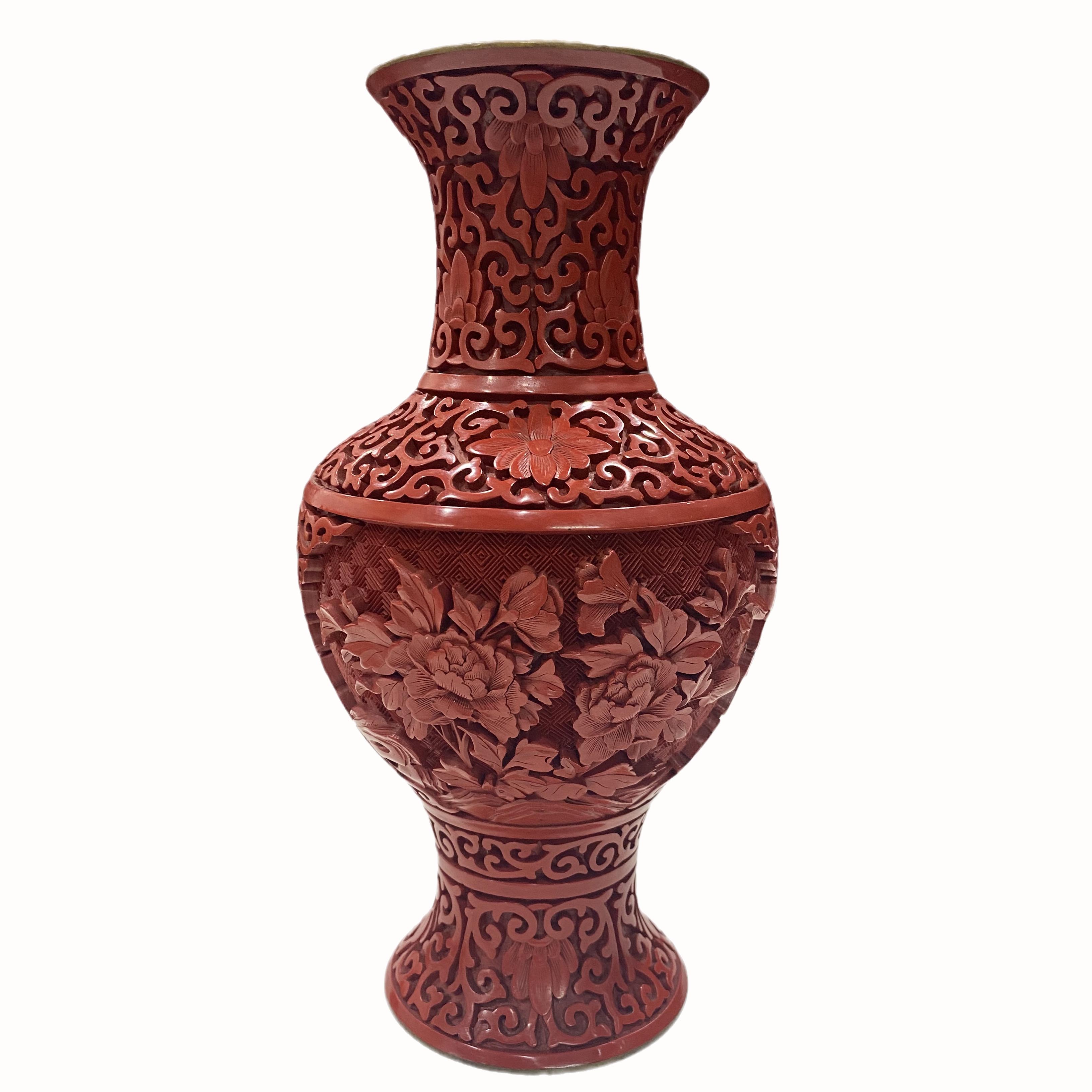 100%新品，お買い得】 剔紅 花卉 花紋 花瓶 堆朱 時代物 漆雕 花器 銅