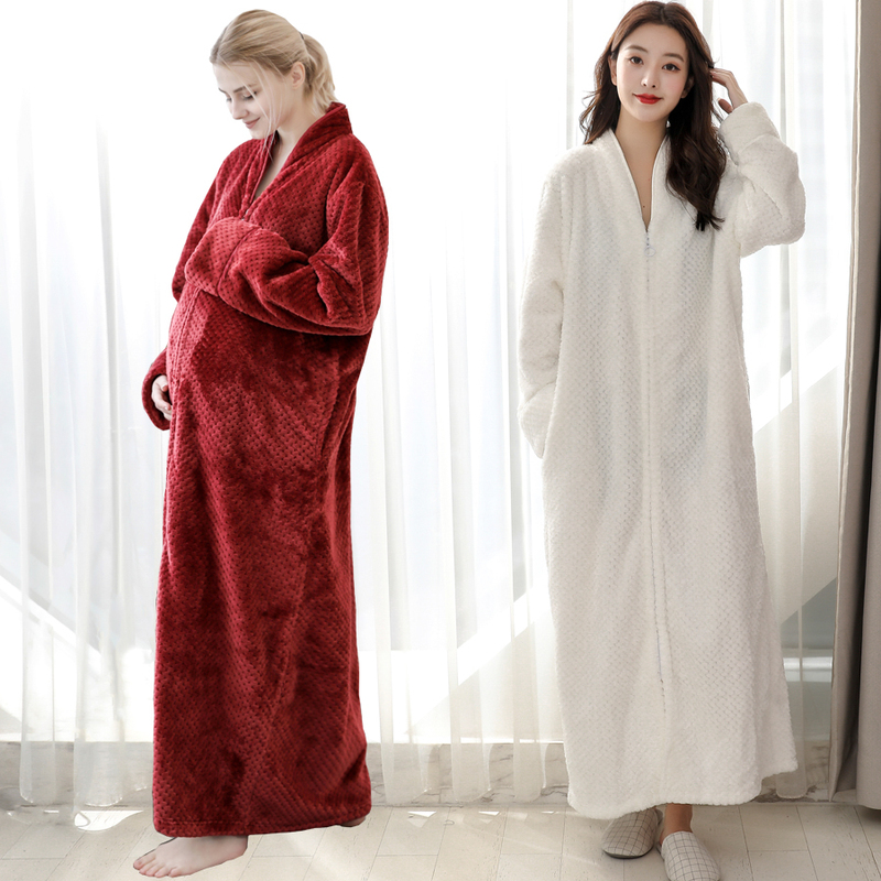 Maternity Pajamas for Women, Autumn and Winter Thickened and Fleece-Lined Pregnancy Nightgown, Loose Long Coral Fleece Robe for Postpartum