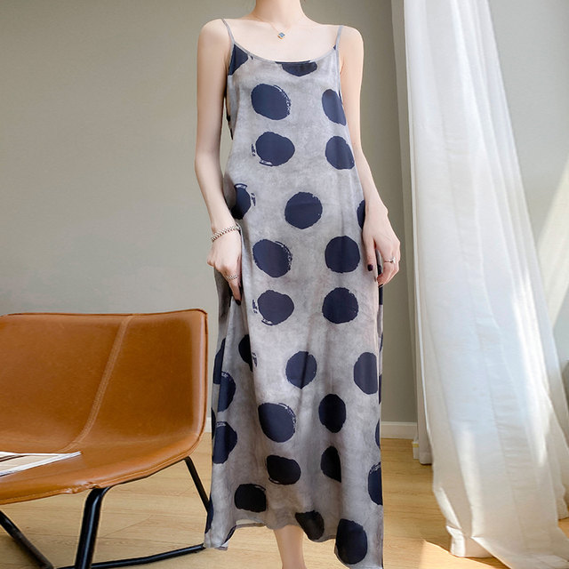 2023 summer new sling dress women's loose and thin A-line skirt big polka dot long skirt acetate satin skirt