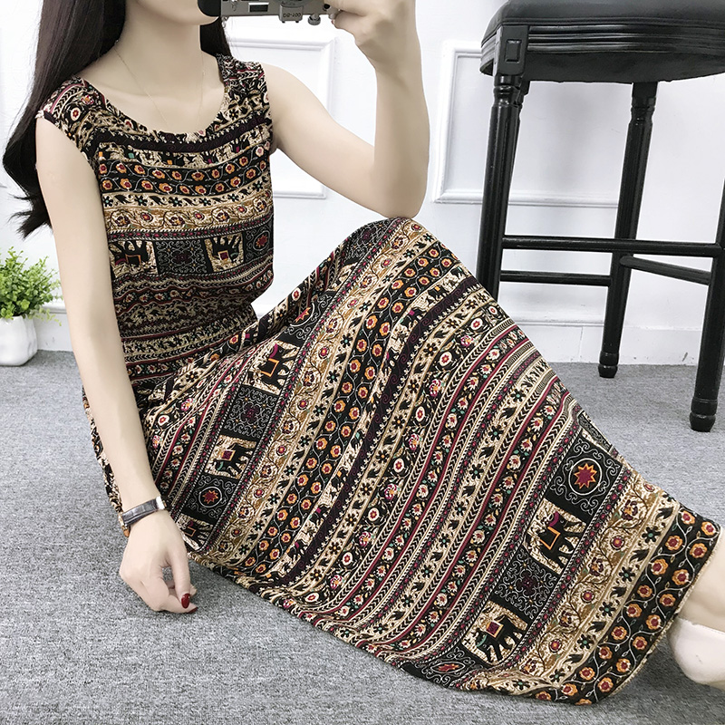 Mùa hè cotton silk dress vest dress hoa nữ bãi biển váy kỳ nghỉ bên bờ biển bohemian cotton silk dress