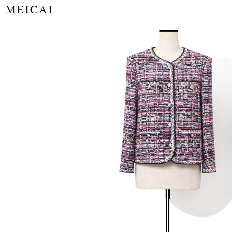 Colorful Camellia Series Denim Mosaic Fancy Yarn Wool Tweed Chanel-Style Jacket