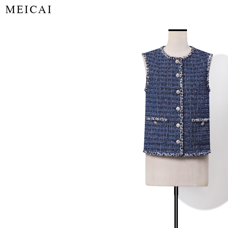 New Style Tweed Vest with Round Neck and Contrasting Color Knitting, Versatile and Slimming, Suitable for Layering, Women's Top