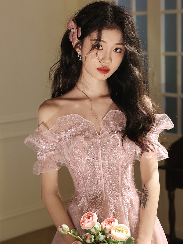 Pink French-Style Evening Dress for Women 2024 New Model, High-End, Light Luxury, Niche, Banquet Host, Adult Dress, Art Exam