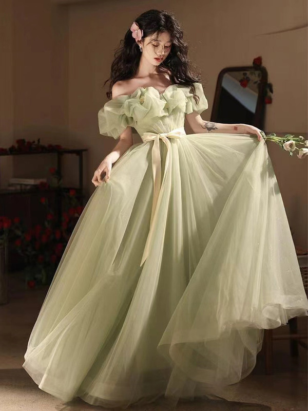 Dreamy Green Runaway Princess Evening Dress for Women, Fairy-Like Tulle Dress for Engagement, Host, Student, Coming-Of-Age Ceremony, Graduation Banquet