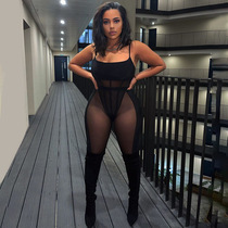 European and American womens clothing black open-waist harness one-piece clothing with thin web yarn splicing sexy perspective tight pants two-piece set