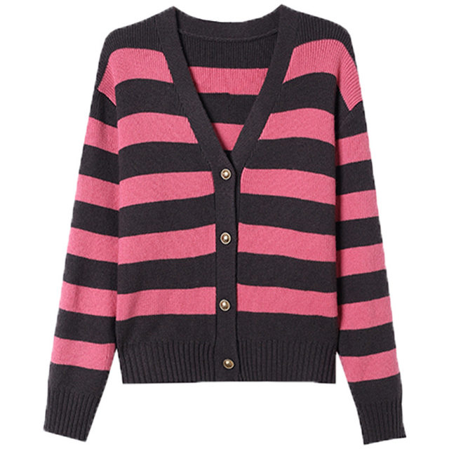 ເສື້ອຢືດພາກຮຽນ spring striped knitted cardigan ສັ້ນຂອງແມ່ຍິງ 2024 ຮູບແບບໃຫມ່ outer sweater jacket ພາກຮຽນ spring ແລະດູໃບໄມ້ລົ່ນອອກແບບ