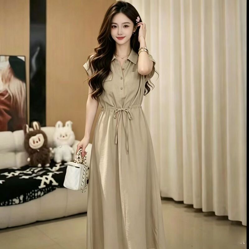 Korean Style Simple and Elegant Yellow Shirt Dress for Women, Summer Casual Waist-Cinching Slimming Long Dress with a Relaxed Feel