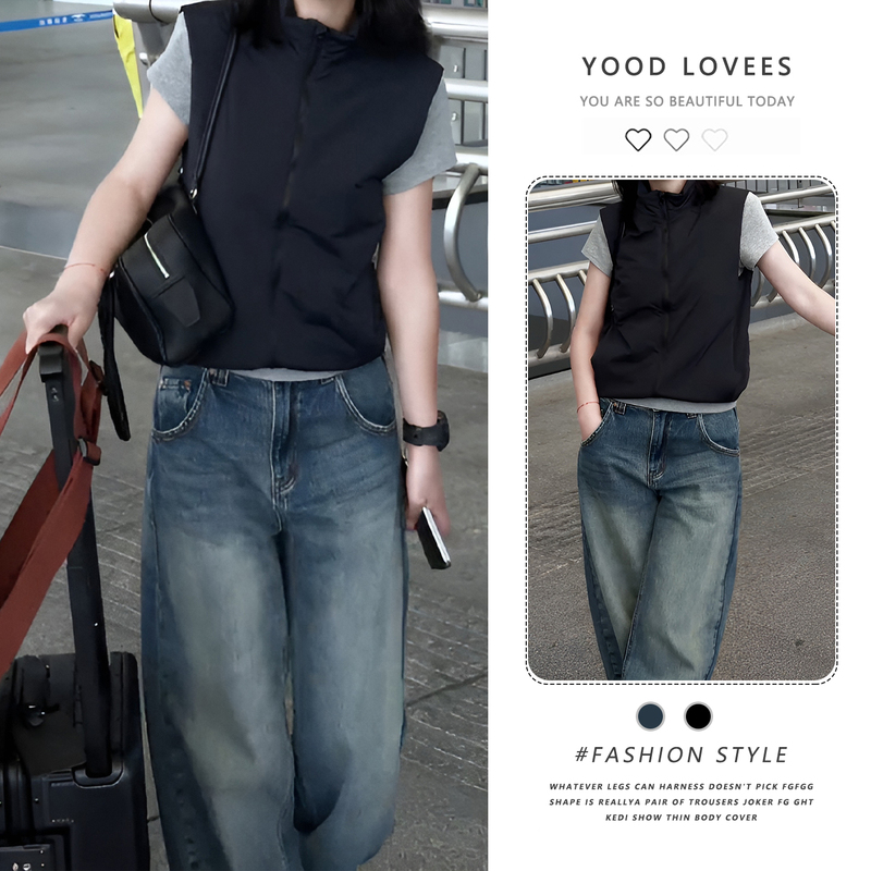 2026 Spring and Autumn New Niche Style Stand-Collar Zip-Up Layered Sleeveless Vest Jacket Paired with Washed Denim Pants Two-Piece Set