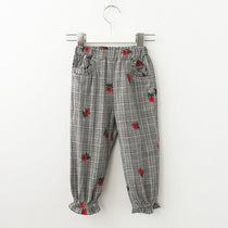 Girls and girls baby Plaid embroidered flower trousers casual pants elastic waist Joker pants spring and autumn