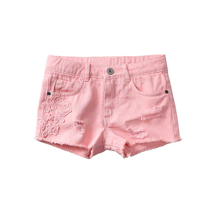 Foreign trade girl baby Western style pure cotton embroidery flower hole raw edge tide denim shorts casual shorts hot pants summer