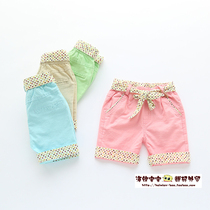 90-115 wear foreign trade childrens clothing girls pure cotton cotton hemp dot belt slacks shorts in pants versatile summer