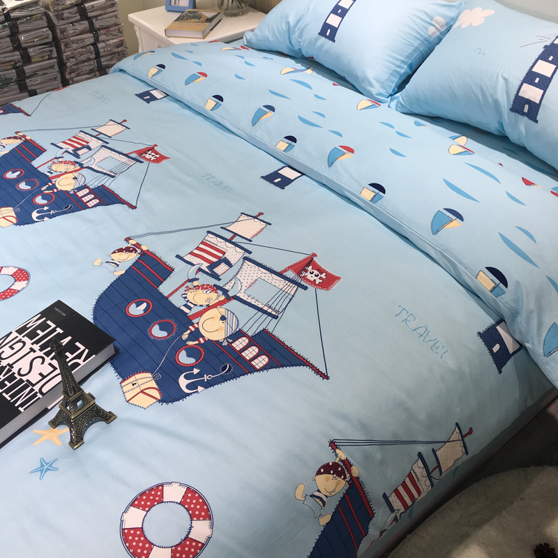 Cậu bé mùa xuân và mùa hè phim hoạt hình màu xanh cotton ba hoặc bốn bộ Địa Trung Hải quilt cover trẻ em sản phẩm giường cotton sheets 1.5 m giường