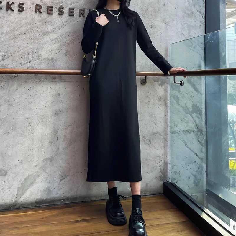 Plus Size Women's Loose-Fitting Slimming Long Black Dress, Spring Style, Versatile Long-Sleeved Simple Dress for Chubby Women