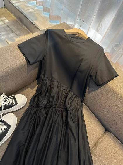 VANLU 틈새 디자이너 다크 복고풍 스타일 패셔너블한 연령 감소 주름 반소매 A라인 텐셀 드레스