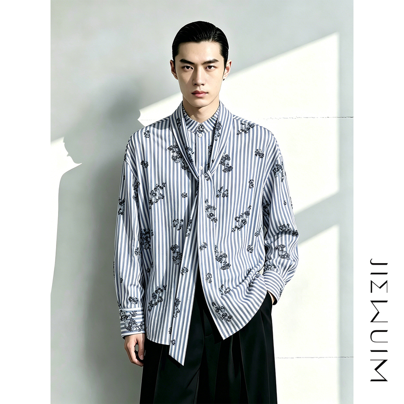 [Cloud Flag Same Style] Jiewuim Sequin Embroidery Striped Shirt Loose Fit with Ribbon Stand Collar Long Sleeve Shirt for Men