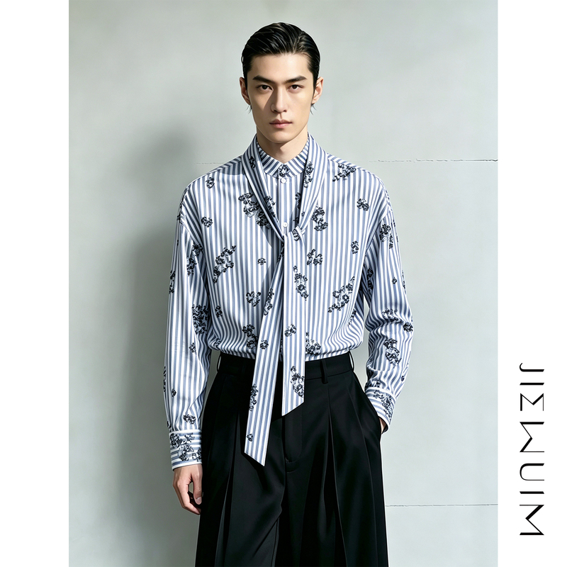 [Cloud Flag Same Style] Jiewuim Sequin Embroidery Striped Shirt Loose Fit with Ribbon Stand Collar Long Sleeve Shirt for Men