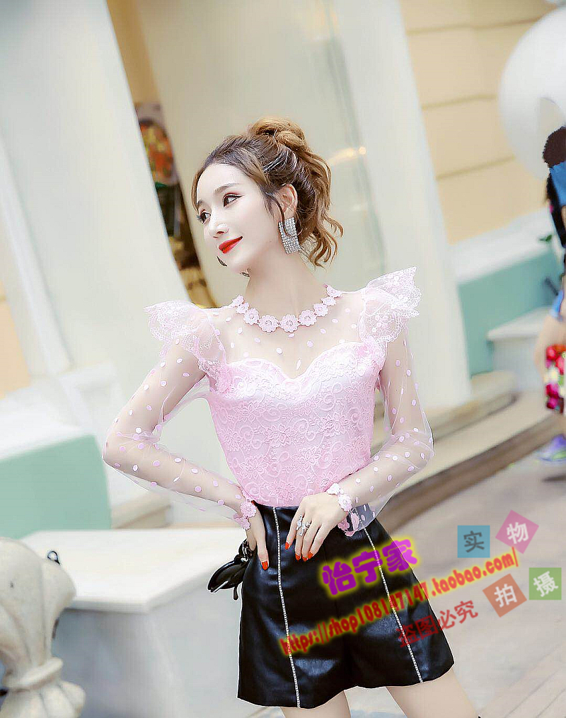 Áo sơ mi nữ tay dài mùa thu 2018 mới mỏng mỏng lụa openwork ren áo voan siêu cổ tích ngọt ngào nước ngoài sơ mi áo trắng cổ cồn