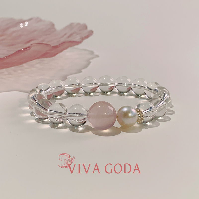 Viva Goda Collection-Grade~Natural Brazilian White Crystal, Pink Crystal, and Pearl Design Crystal Bracelet