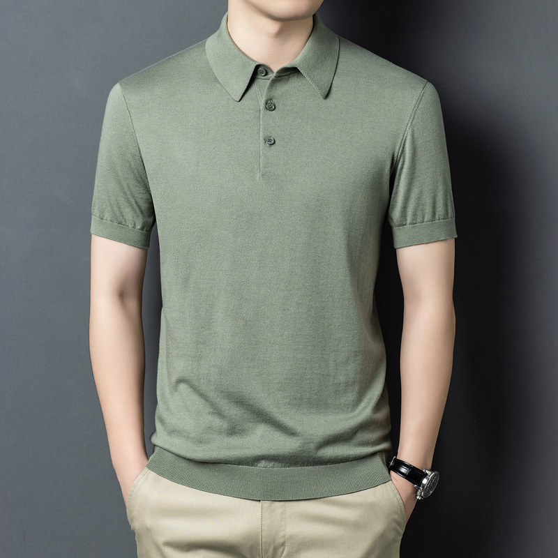 Machine Washable Ultra-Thin 16-Gauge Fine Cotton Mixed with Cashmere Knit Polo Shirt for Men, Short-Sleeved Top, Soft and Breathable Collared T-Shirt