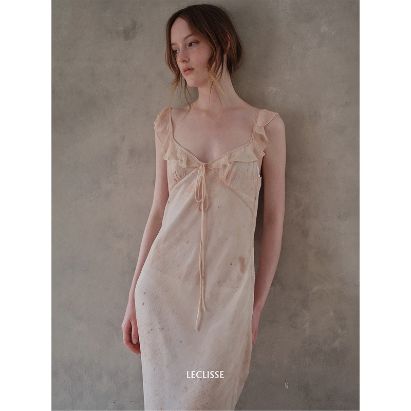 Leclisse 100% Mulberry Silk Ruffled Strap Dress with Plant Dyeing, Draped Waist, and Printed Long Skirt Leclisse 100% Mulberry Silk Ruffled Strap Dress with Plant Dyeing, Draped Waist, and Printed Long Skirt