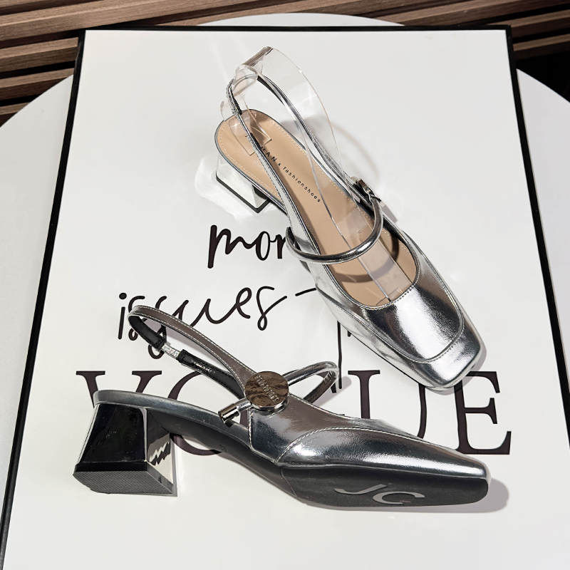 Elegant Silver Patent Leather Peep-Toe Sandals for Women with Chunky Heels, Summer 2026 New Style, Square Toe French High Heels