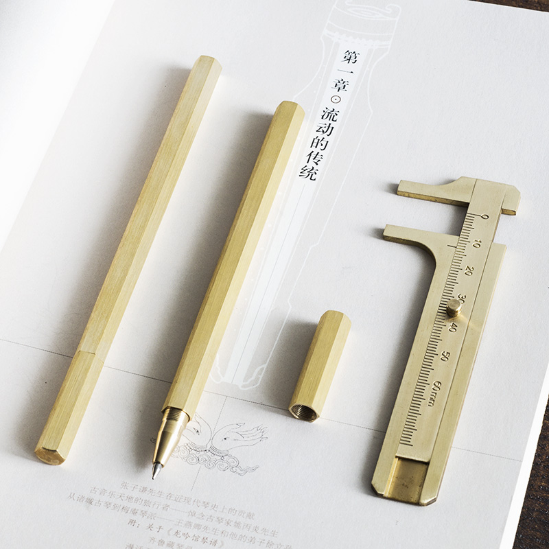 Clearance flaws handmade pure copper gel pen water-based pen hexagonal brass pen mini vernier caliper portable creative gift