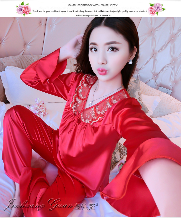 Đồ ngủ của phụ nữ thêu lụa dài tay hai mảnh thanh lịch sexy dịch vụ nhà của phụ nữ phù hợp với lụa mùa xuân và mùa thu đồ ngủ phụ nữ