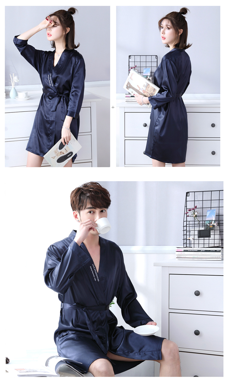 Áo ngủ mùa xuân và mùa thu Các cặp vợ chồng Áo choàng tắm Ice Silk Pyjama Đàn ông và Phụ nữ Áo ngủ lụa Đàn ông dài tay Áo choàng tắm bộ pijama