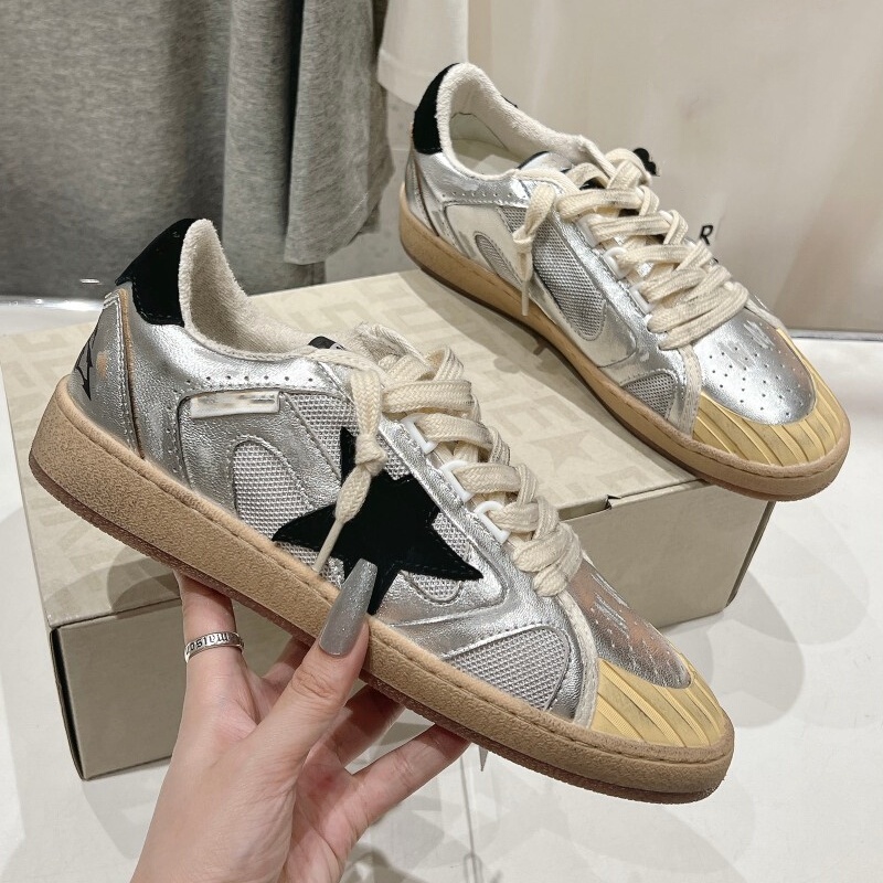 Gold Goose Distressed Star Sneakers, Leather Mesh Breathable Rubber Sole, Versatile Retro Lace-Up Trendy Casual Shoes
