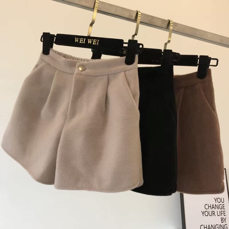 Mùa thu mới 2018 Hàn Quốc phiên bản quần short len ​​nữ cao eo co giãn eo mùa thu và mùa đông mặc bốt quần ống rộng ống rộng quần short jean nữ cạp cao