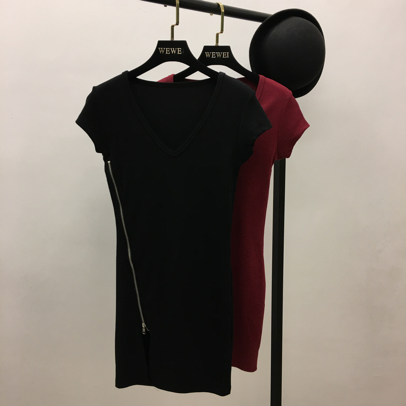 2018 mới mùa xuân và mùa hè Châu Âu và Hoa Kỳ Van cá tính thời trang màu rắn V cổ áo sexy side zipper ngắn Slim dress váy suông