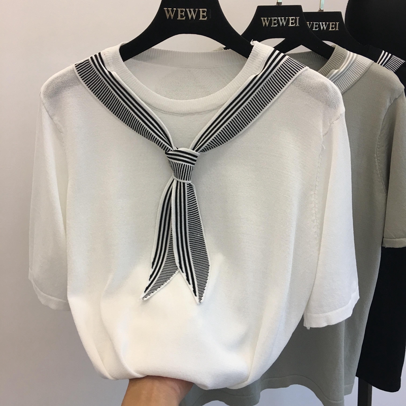 2018 mùa hè mới Han Fan phần mỏng lỏng quanh cổ là mỏng và làm mới ngắn tay tie t-shirt áo sơ mi nữ áo len áo len nữ