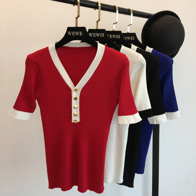 Ngắn tay áo triều mùa xuân 2018 mới của Hàn Quốc thời trang hoang dã T-Shirt Mỏng mỏng V-Cổ knit top áo khoác mỏng nữ