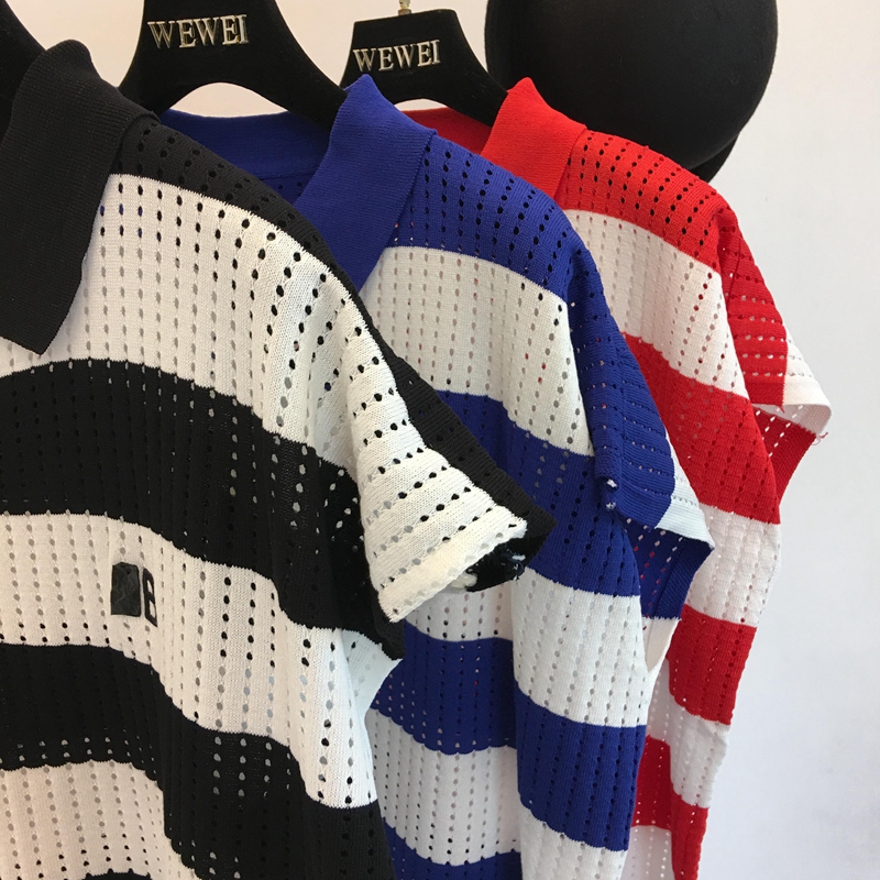 2018 mùa hè mới Châu Âu và Mỹ Fan ice sọc lụa lỏng tính khí polo ve áo hollow knit váy dài phụ nữ đầm maxi dự tiệc